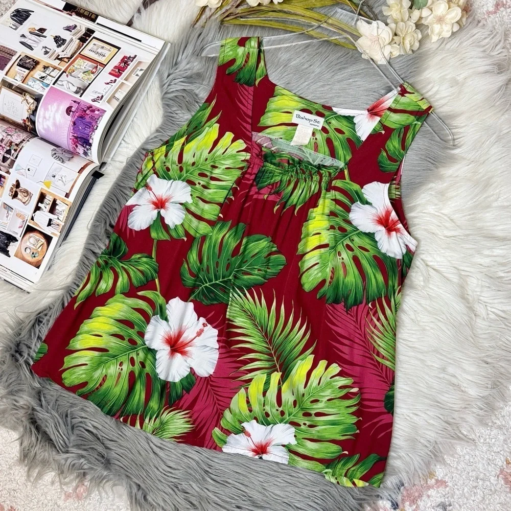 Vintage Hawaiian Red Floral Palm Pleated Square Neck Women’s Tank Blouse Sz M - Picture 10 of 10